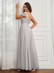 Off-the-shoulder Ruched Tulle A-line Dress Silver