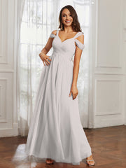 Off-the-shoulder Ruched Tulle A-line Dress Silver Plus Size