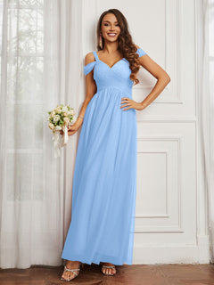 Off-the-shoulder Ruched Tulle A-line Dress Sky Blue