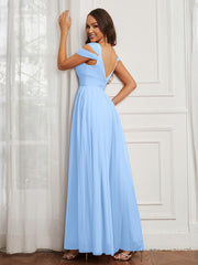 Off-the-shoulder Ruched Tulle A-line Dress Sky Blue