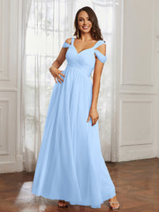Off-the-shoulder Ruched Tulle A-line Dress Sky Blue Plus Size