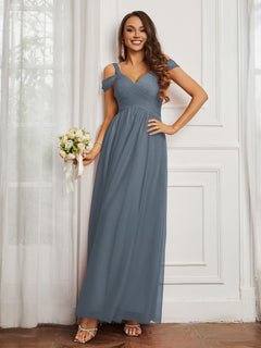 Off-the-shoulder Ruched Tulle A-line Dress Slate Blue