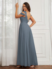 Off-the-shoulder Ruched Tulle A-line Dress Slate Blue