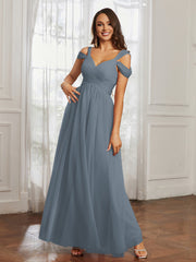 Off-the-shoulder Ruched Tulle A-line Dress Slate Blue
