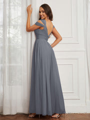 Off-the-shoulder Ruched Tulle A-line Dress Steel Grey