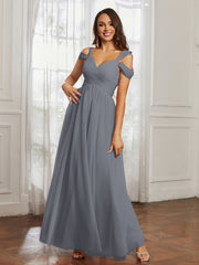 Off-the-shoulder Ruched Tulle A-line Dress Steel Grey