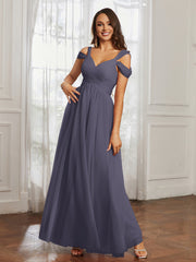 Off-the-shoulder Ruched Tulle A-line Dress Stormy