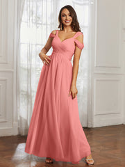Off-the-shoulder Ruched Tulle A-line Dress Sunset