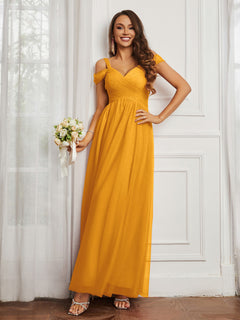 Off-the-shoulder Ruched Tulle A-line Dress Tangerine
