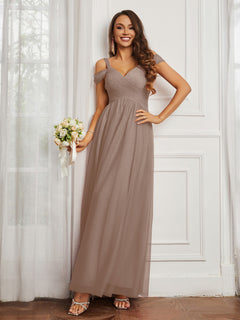 Off-the-shoulder Ruched Tulle A-line Dress Taupe