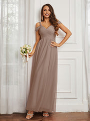 Off-the-shoulder Ruched Tulle A-line Dress Taupe