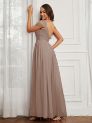 Off-the-shoulder Ruched Tulle A-line Dress Taupe