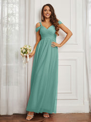 Off-the-shoulder Ruched Tulle A-line Dress Turquoise Plus Size