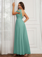Off-the-shoulder Ruched Tulle A-line Dress Turquoise