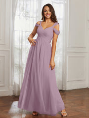 Off-the-shoulder Ruched Tulle A-line Dress Vintage Mauve Plus Size
