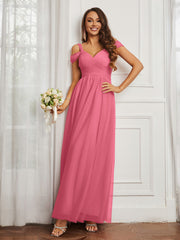 Off-the-shoulder Ruched Tulle A-line Dress Watermelon Plus Size