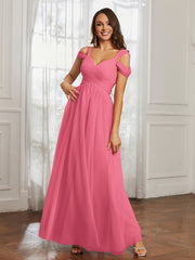 Off-the-shoulder Ruched Tulle A-line Dress Watermelon