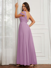 Off-the-shoulder Ruched Tulle A-line Dress Wisteria