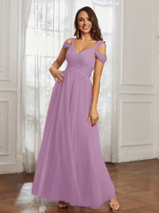 Off-the-shoulder Ruched Tulle A-line Dress Wisteria