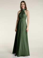 Illusion High Neck Chiffon Bridesmaid Gown Olive Green
