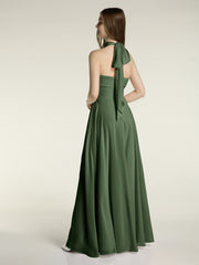 Illusion High Neck Chiffon Bridesmaid Gown Olive Green