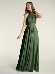 Illusion High Neck Chiffon Bridesmaid Gown Olive Green