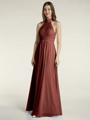 Illusion High Neck Chiffon Bridesmaid Gown Terracotta