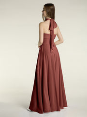 Illusion High Neck Chiffon Bridesmaid Gown Terracotta