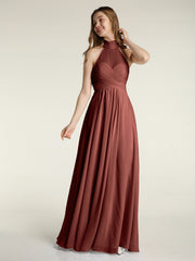 Illusion High Neck Chiffon Bridesmaid Gown Terracotta