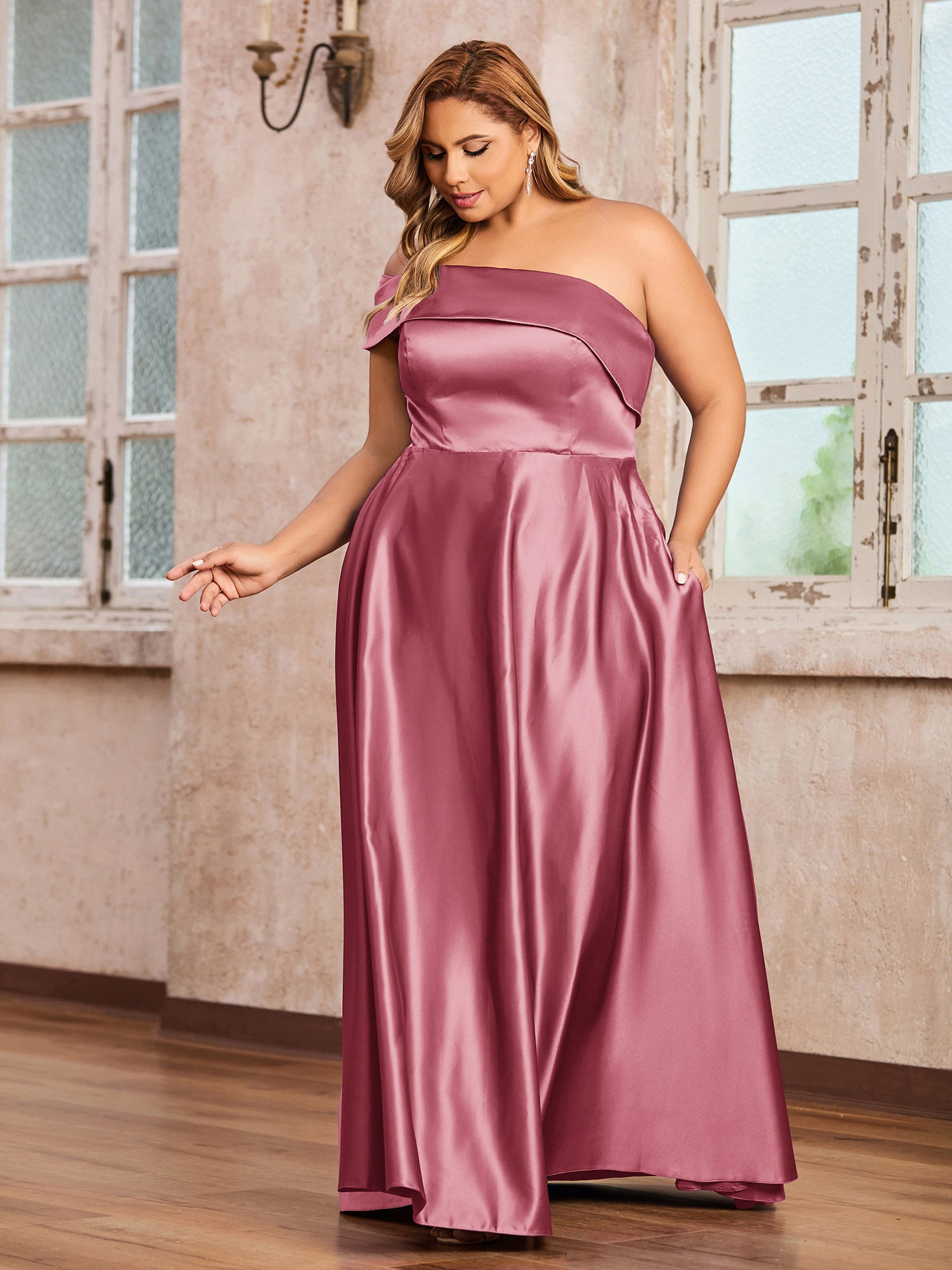 One Shoulder Long Satin Dresses with Pockets Cinnamon Rose