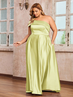 One Shoulder Long Satin Dresses with Pockets Daffodil