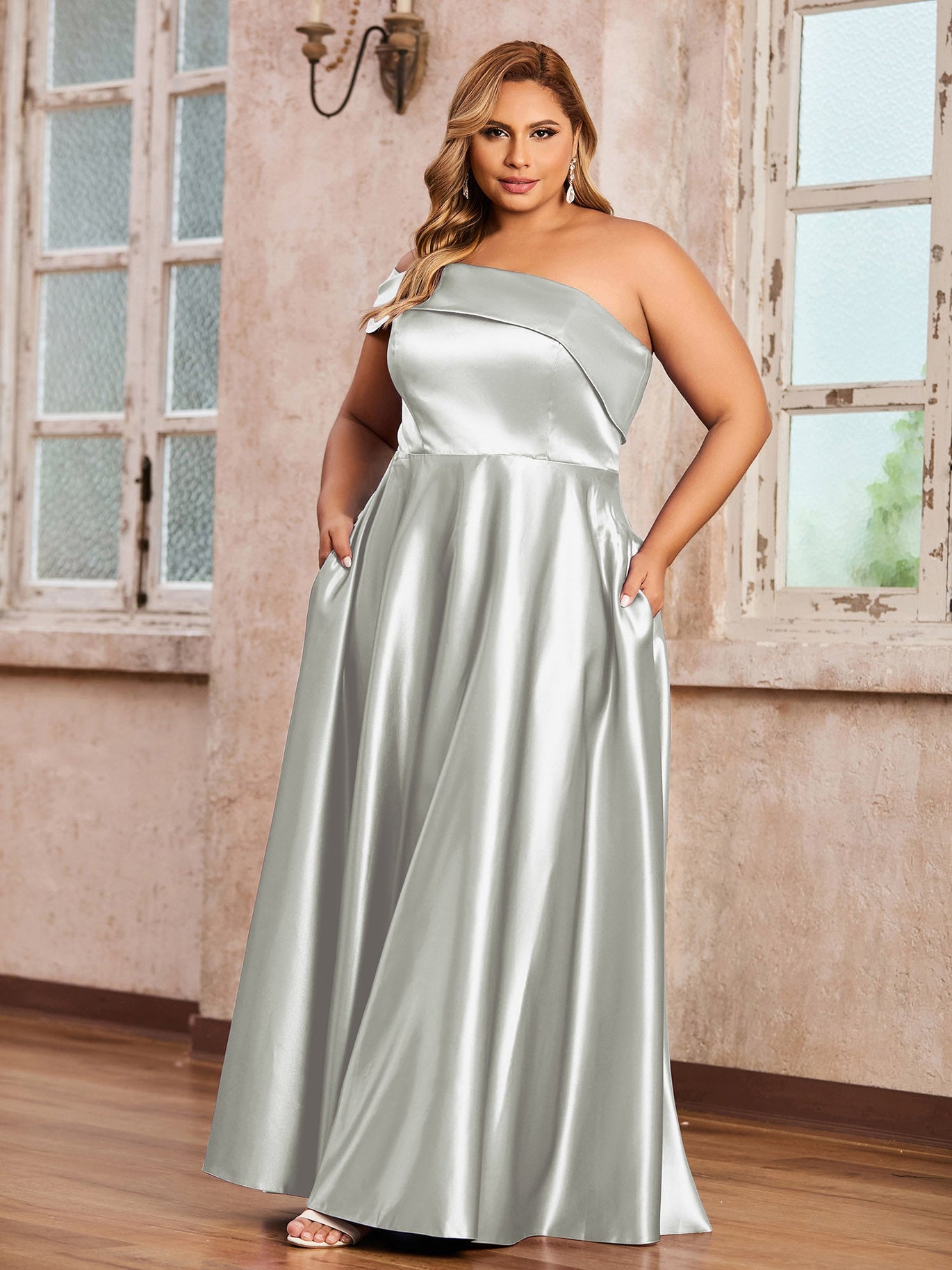 BABARONI Satin Silver Bridesmaid Dresses A-line One Shoulder Sleeveless  Floor-length – BABARONI UK