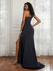One Shoulder Ruched Mermaid Gown With Slit Dark Navy Plus Size