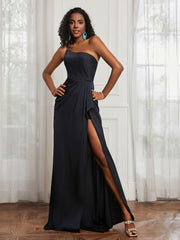One Shoulder Ruched Mermaid Gown With Slit Dark Navy