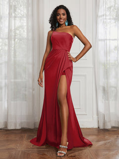 One Shoulder Ruched Mermaid Gown With Slit Burgundy