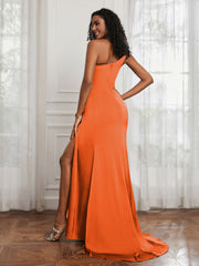One Shoulder Ruched Mermaid Gown With Slit Burnt Orange
