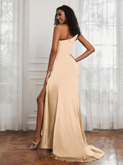 One Shoulder Ruched Mermaid Gown With Slit Champagne