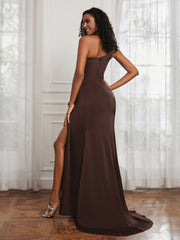 One Shoulder Ruched Mermaid Gown With Slit Chocolate