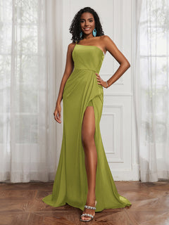One Shoulder Ruched Mermaid Gown With Slit Clover