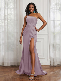 One Shoulder Ruched Mermaid Gown With Slit Dusk
