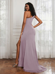 One Shoulder Ruched Mermaid Gown With Slit Dusk