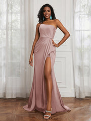 One Shoulder Ruched Mermaid Gown With Slit Dusty Rose