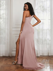 One Shoulder Ruched Mermaid Gown With Slit Dusty Rose
