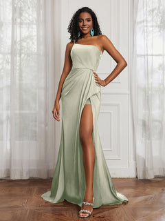 One Shoulder Ruched Mermaid Gown With Slit Dusty Sage