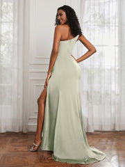 One Shoulder Ruched Mermaid Gown With Slit Dusty Sage