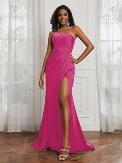 One Shoulder Ruched Mermaid Gown With Slit Fuchsia