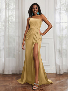 One Shoulder Ruched Mermaid Gown With Slit Gold