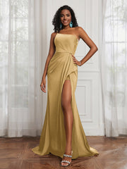 One Shoulder Ruched Mermaid Gown With Slit Gold Plus Size