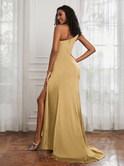 One Shoulder Ruched Mermaid Gown With Slit Gold