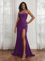 One Shoulder Ruched Mermaid Gown With Slit Grape Plus Size